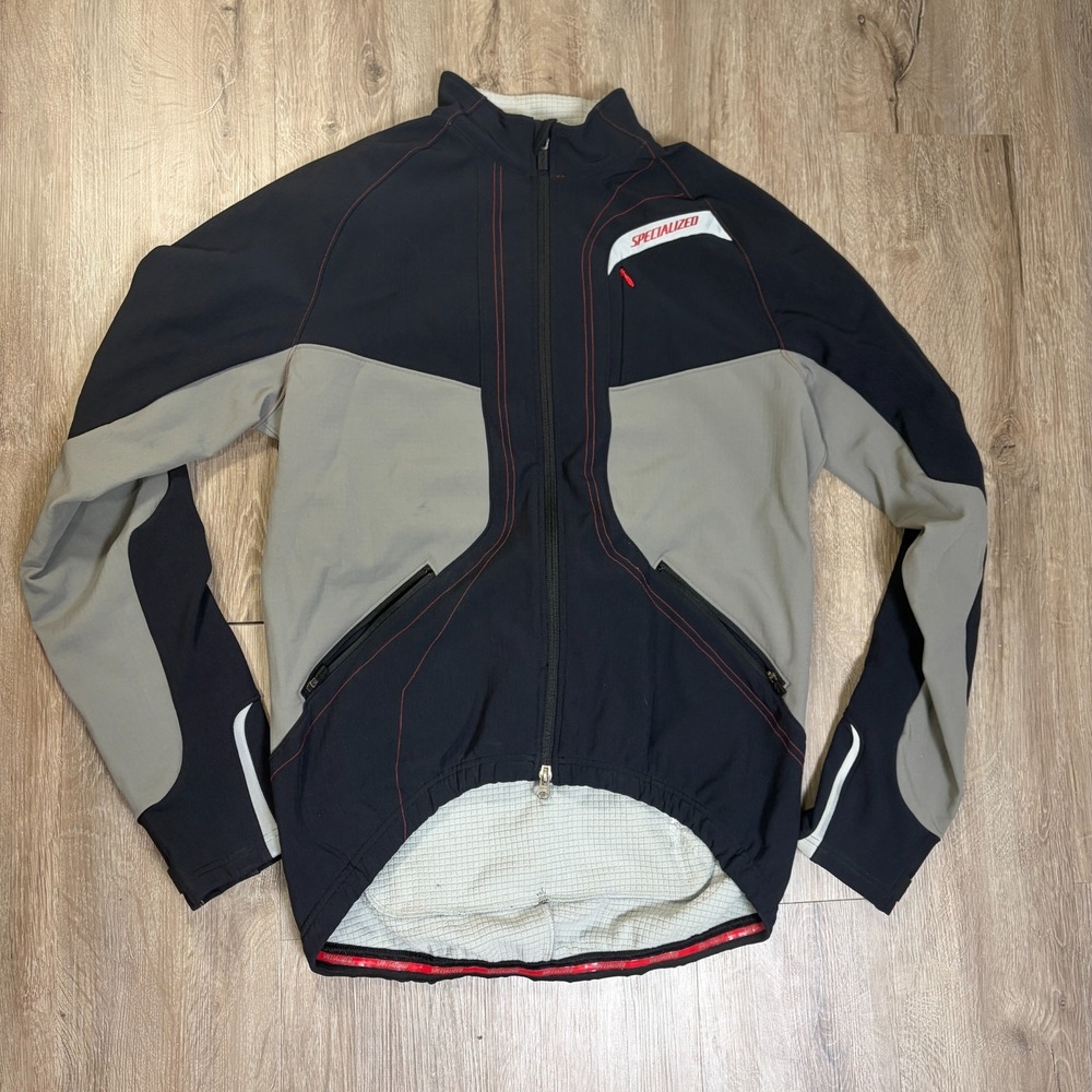 Specialized Softshell Cycling Jacket Mens Large Black Gray Full Zip Pockets Grid